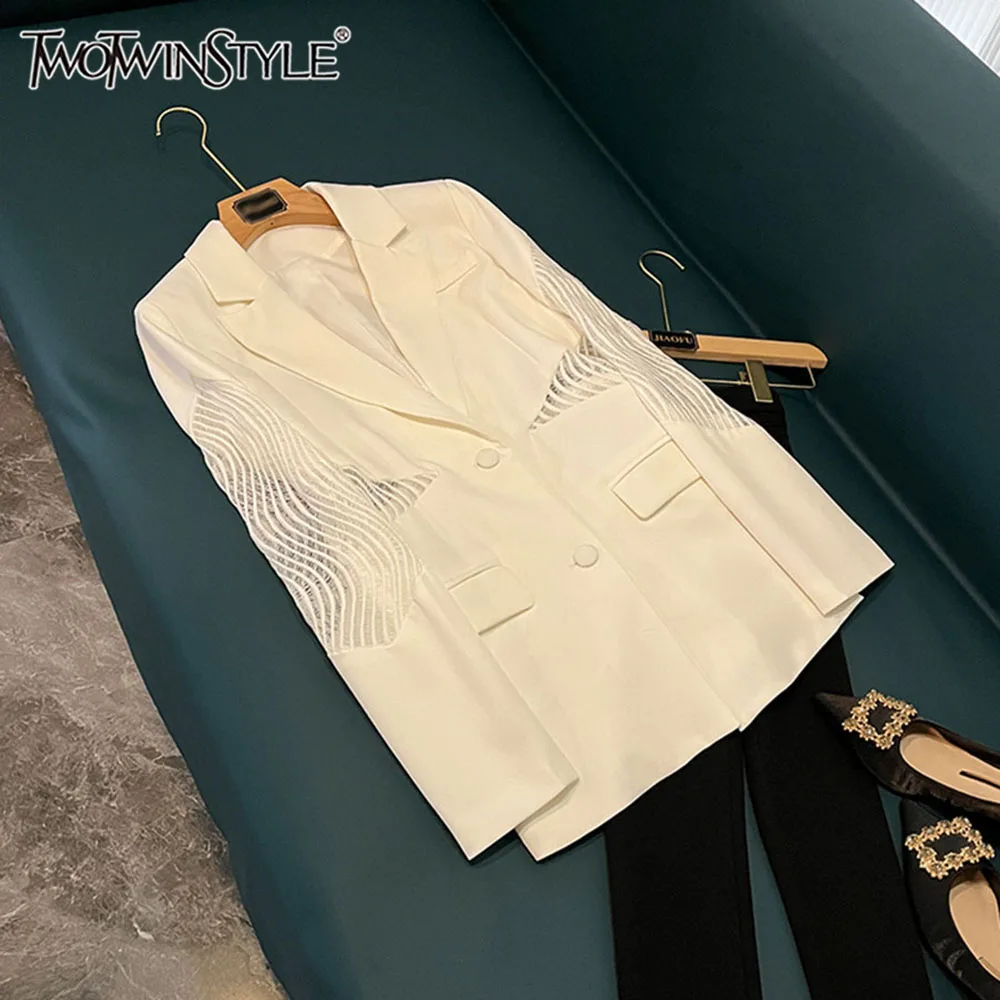 

TWOTWINSTYLE Hollow Out Slimming Solid Jackets For Women Lapel Long Sleeve Splice Button Temperament Blazer Female New KJA501504