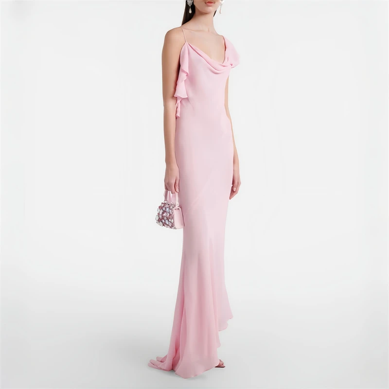 Elegant Pink Ruffled Asymmetric Prom Dress Backless Chiffon Formal Evening Gown Women Bridesmaid Wedding Guest Party Maxi Dress