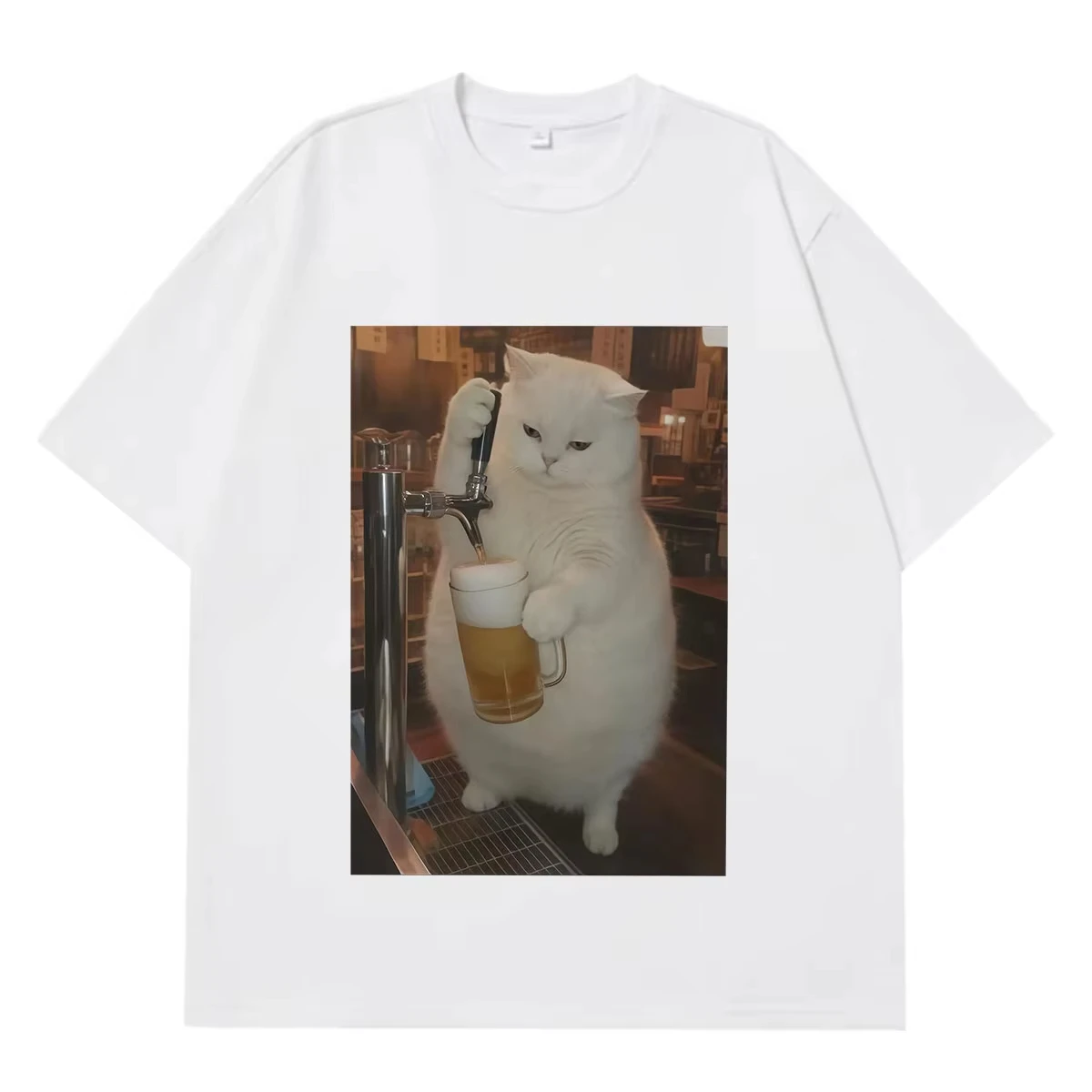 Funny Drinking Cat Meme T-shirt Men Women Fashion Vintage T-shirt Short-sleeved Loose Casual Cotton Aesthetic Trend T-shirts
