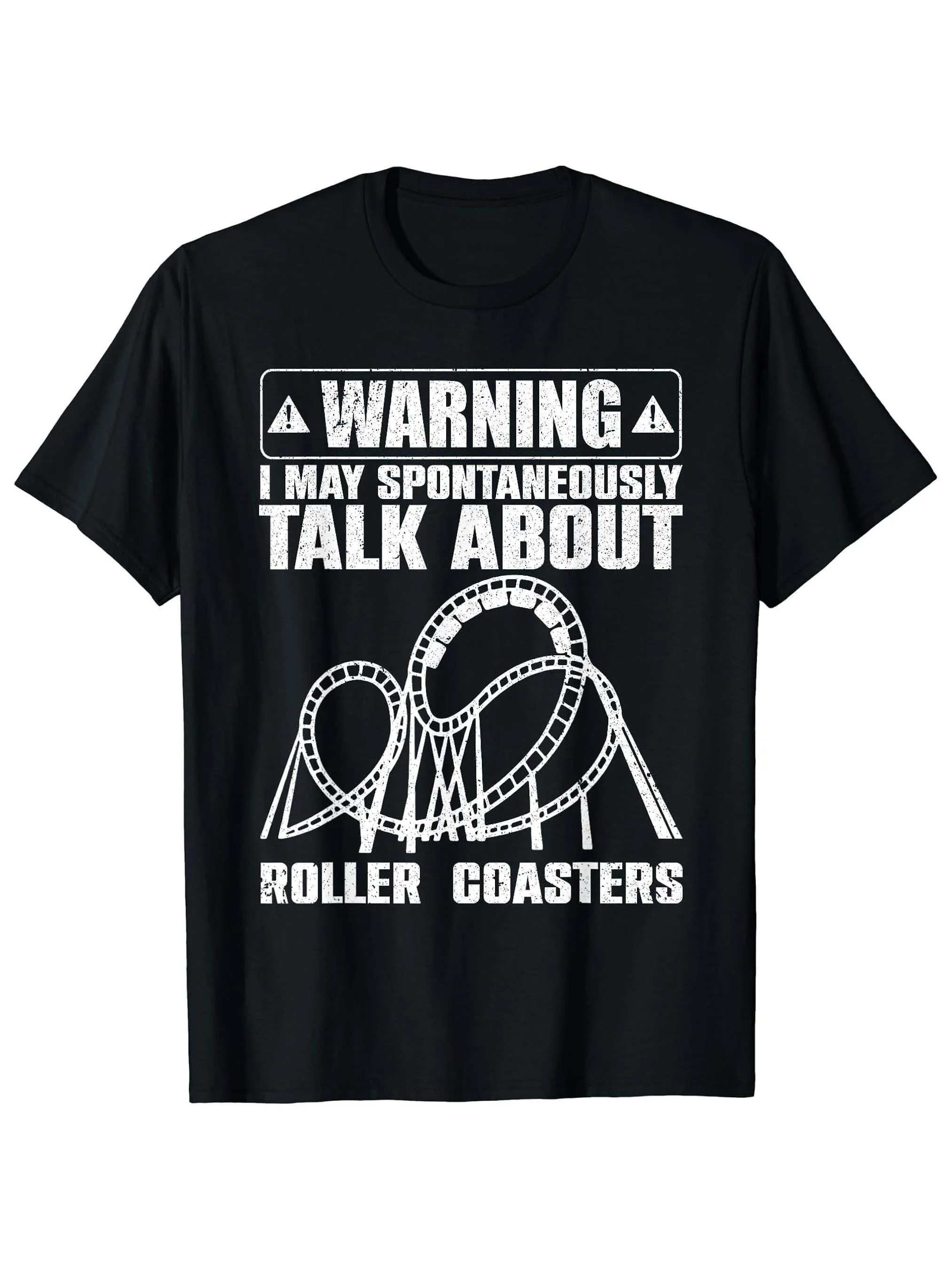Funny Men's Black Graphic T-Shirt Warning Talk about Roller Coasters Distressed Bold Letter Print Amusement Park Ride Loop Track Graphic 100% Cotton Heavyweight Short Sleeve Casual Streetwear Tee