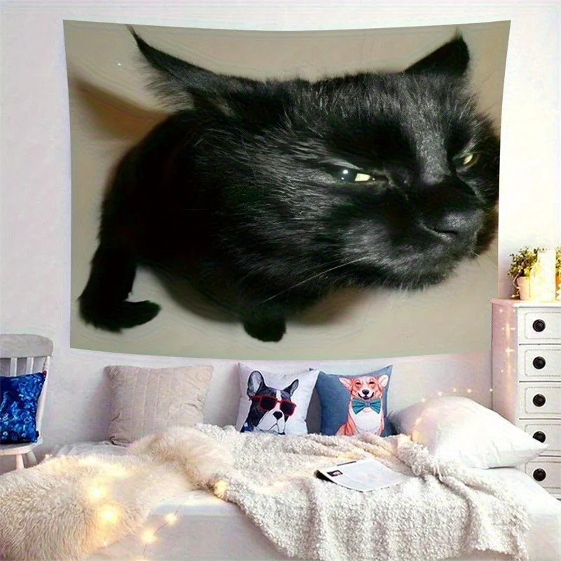 Funny Black Cat Emoji Tapestry Fun Internet Celebrity Decorative Cloth Bedhead Dormitory Live Room