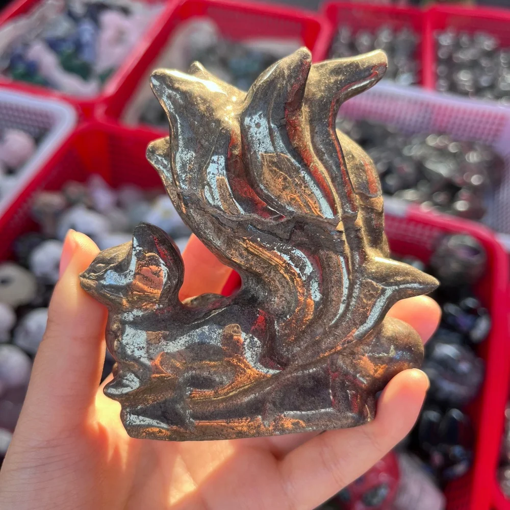 1PCS Natural Pyrite Nine-Tailed Fox Carving Crystal Reiki Healing Fengshui Stone Home Decorative Gift for Holidays