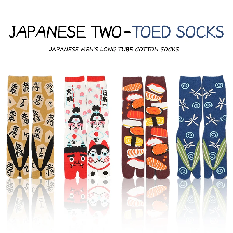 1 Pair Novelty Street Fashion Samurai Sandal Sock Women Men Two Toe Socks Japanese Style Harajuku Cartoon Middle Tube Tabi Socks