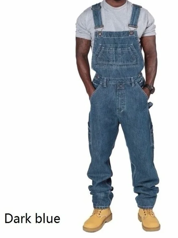 Fashionable Loose Men's Denim Overalls Multi-Pocket High Waist Cotton Jeans Casual Comfortable Unisex Long Pants