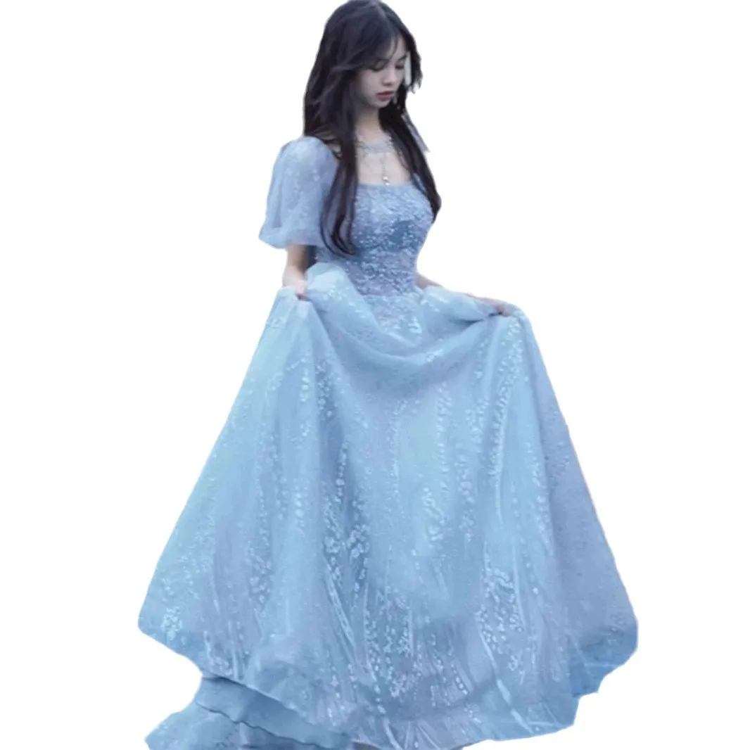 Abito da sera in garza blu 2024 Nuovo senso avanzato Giorno di laurea Cerimonia per adulti Esame d'arte Host Abbigliamento da donna