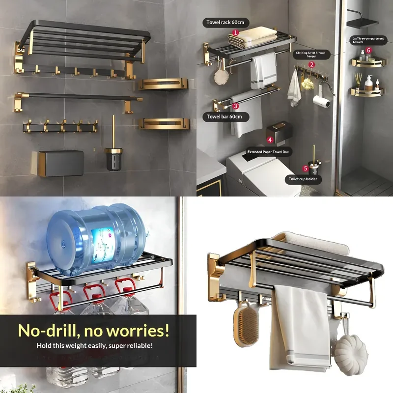 for Light Luxury Wall Mounted Towel Rack Mirror Polished No Drilling Required Bathroom Storage Shelf