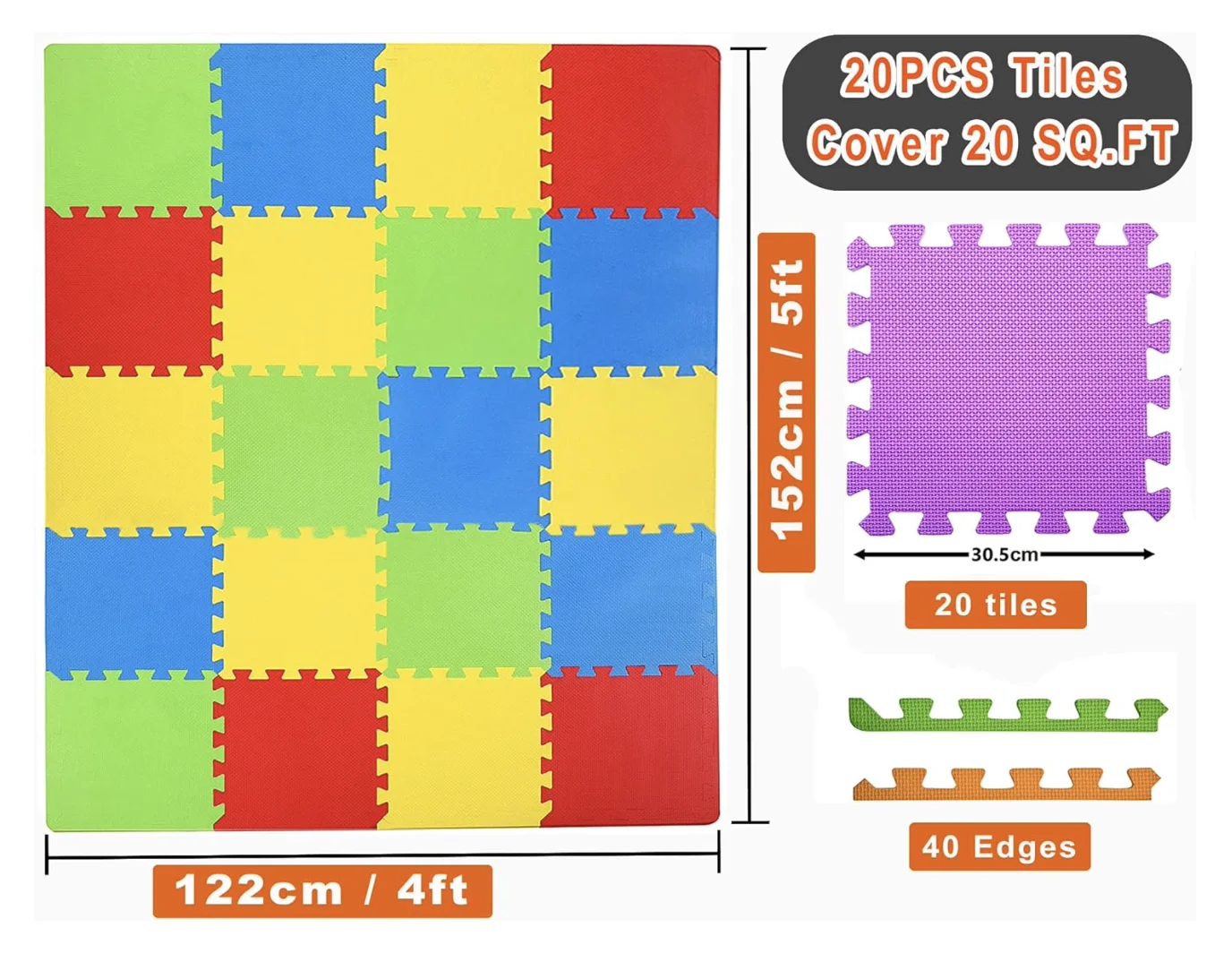 Kids Puzzle Play Mats, 20pcs Extra Large Colorful Foam Flooring Tiles, Interlocking Floor Mats with Borders for ChildrenCrawling