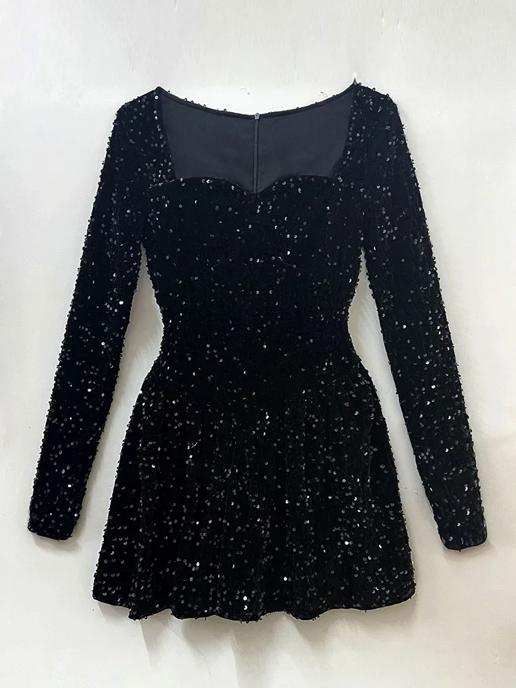 Tossy Square Collar Sequin Fashion Party Dress Gown Women Long Sleeve Patchwork High Waist Glitter Clothes Female Mini Dress New