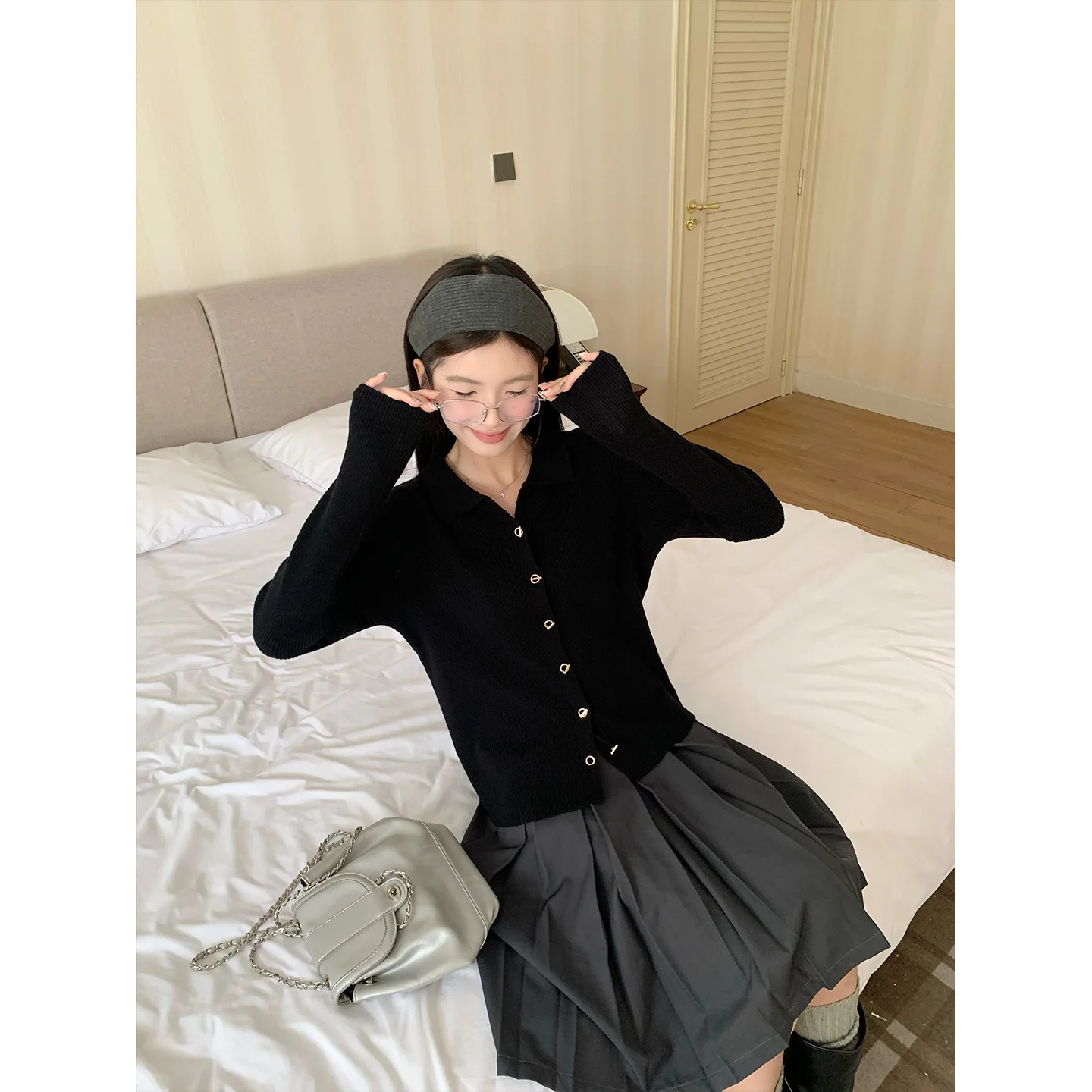 Knitted Sweater Women Cardigans New Long Sleeve Turn Down Collar Black Knit Sweater Cardigan Women Tops Sueters De Mujer Q1421