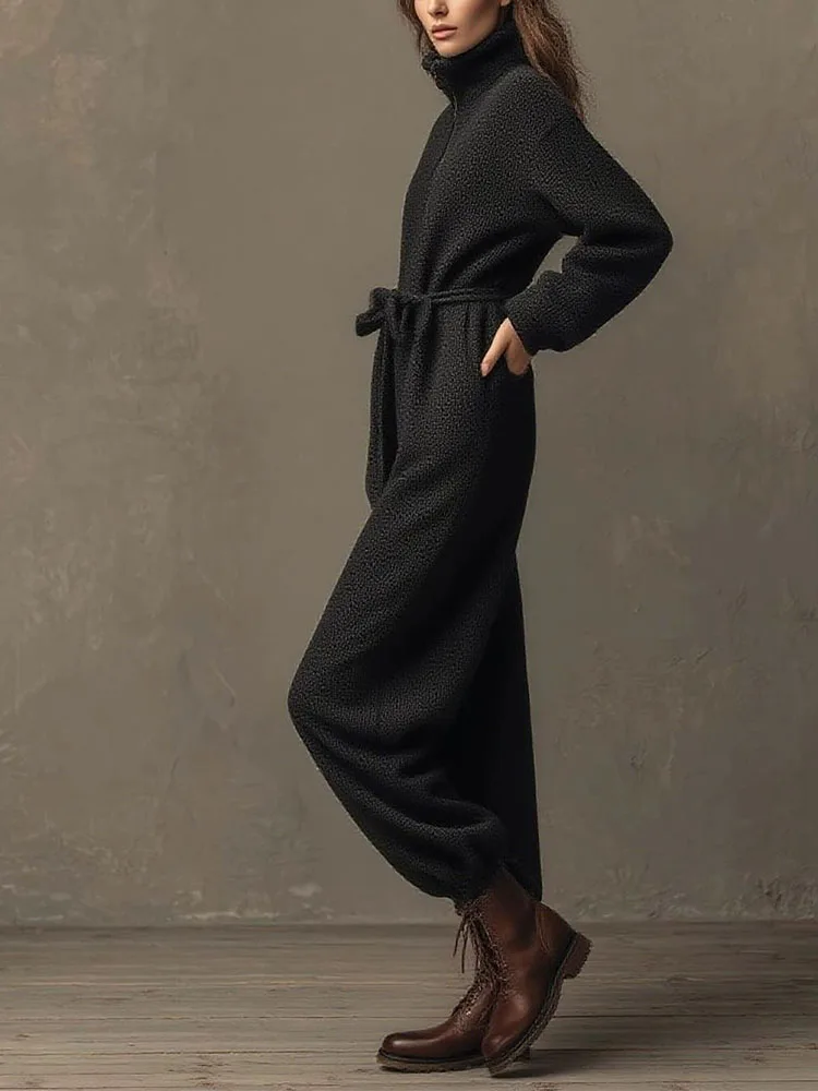 Women Fashion Loose Solid Color Jumpsuit Fall Winter Casual Long Sleeve Pockets Romper Elegant Hight Waist Stand Collar Playsuit
