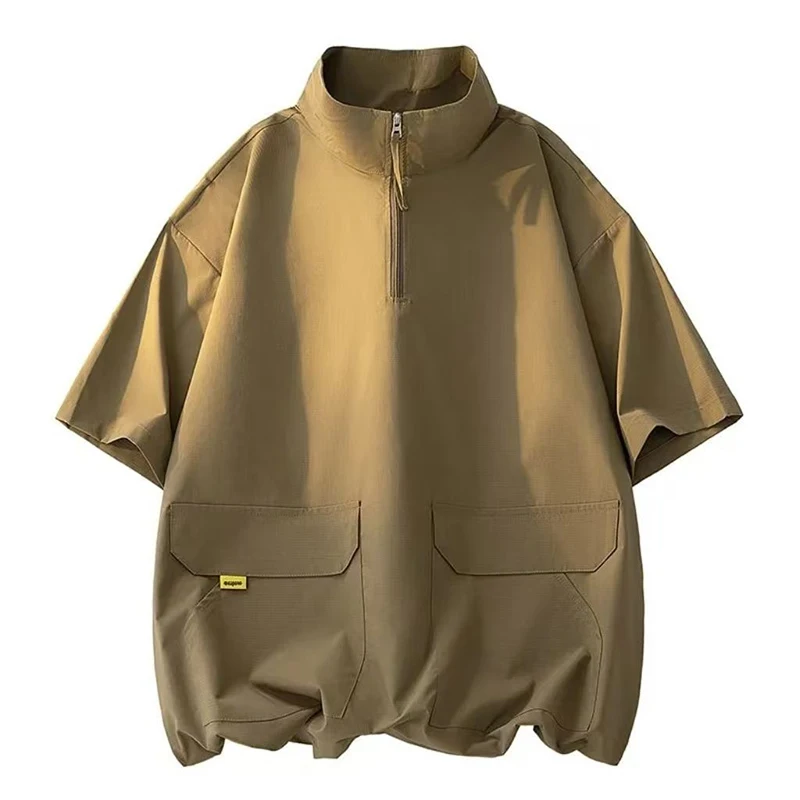 Men Oversized Half Zipper Stand Collar Tee 2026 Summer Multi Cargo Pocket Work Shirts Breathable Daily Wear Versatile Casual Top