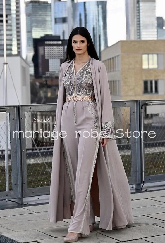 Grey Chiffon Moroccan Caftan Jumpsuit Prom Dresses with Cape Wrap Lace Embroidery Beaded Romeo Evening Gown Pant Suit