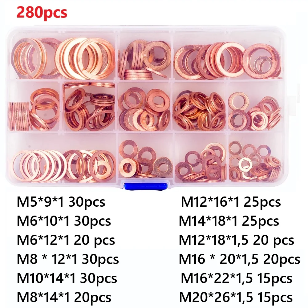 50/100/120/150/280Pcs Copper Washer Gasket Nut And Bolt Kit Flat Ring Seal Assortment Kit With Box Gasket Kit With Box For Sump