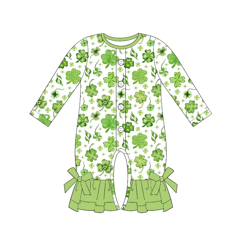 Girls Long Sleeve Jumpsuit with Lace Bow Four Leaf Clover Print Toddler Clothing New Baby Boutique Children's Set