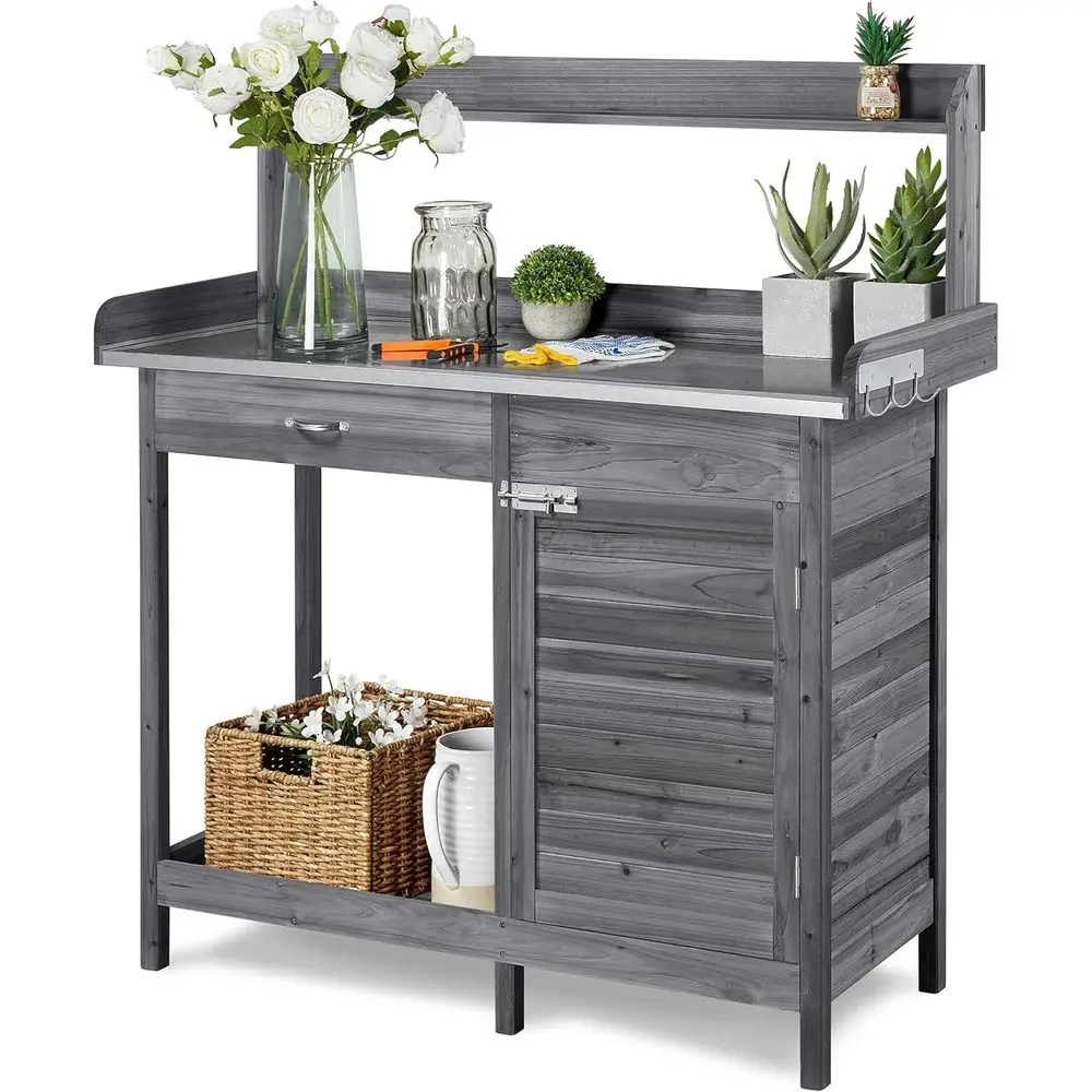 

Outdoor Wooden Potting Station with Storage Shelves and Cabinet in Gray