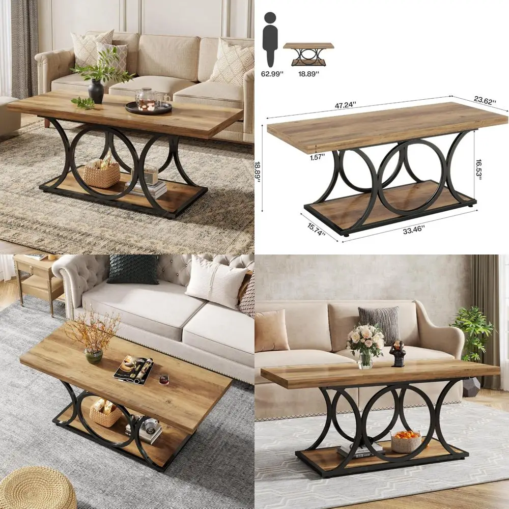 

Rustic Farmhouse Style 47-inch Wooden Coffee Table with 2-tiers for Living Room, Ideal for Geometric Decor