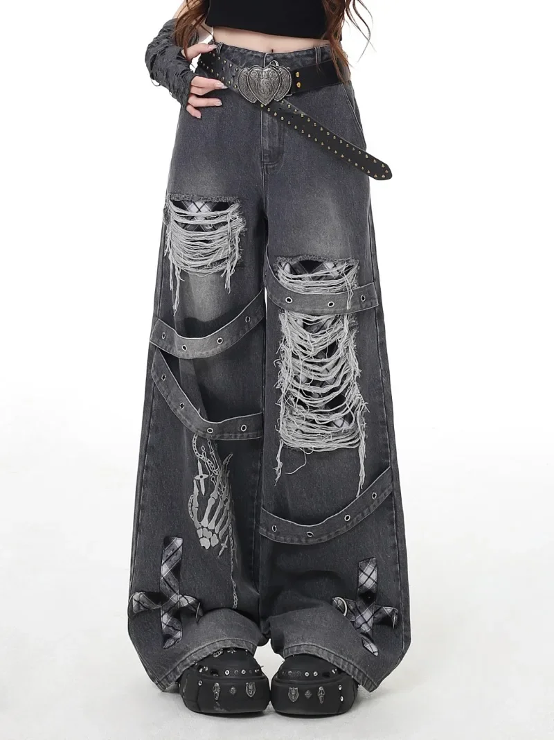 Original Design Fashion Punk Ripped Retro Old Washed Jeans Spring And Summer Wide Leg Denim Pants Women's Pantalones De Mujer