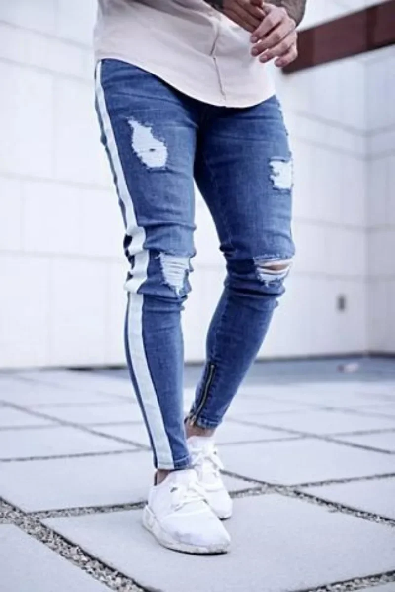 Small Foot Zipper Jeans for Men Trendy Knee Tears Zipper Small Foot Tears New Jeans