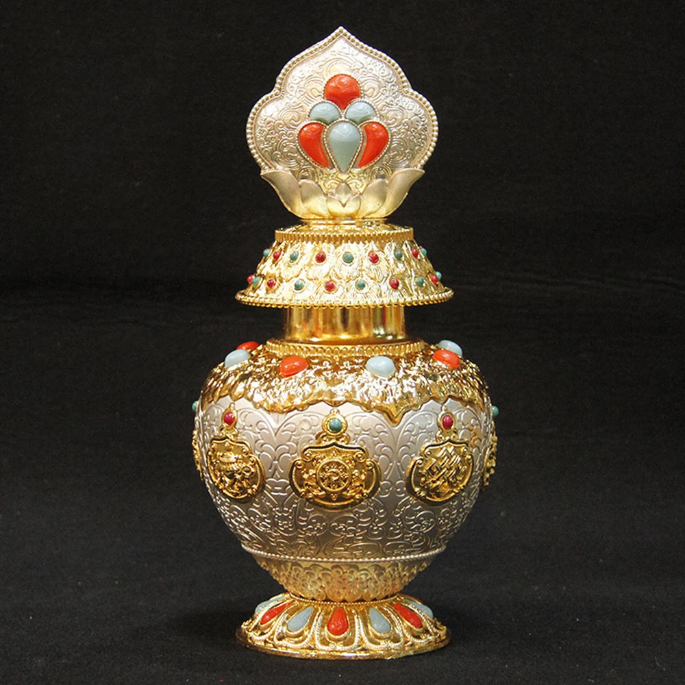 Nepal eight-auspicious treasure bottle, Handmade alloy Manibao Lotus spices bottle, Buddhism offering desktop altars ornaments