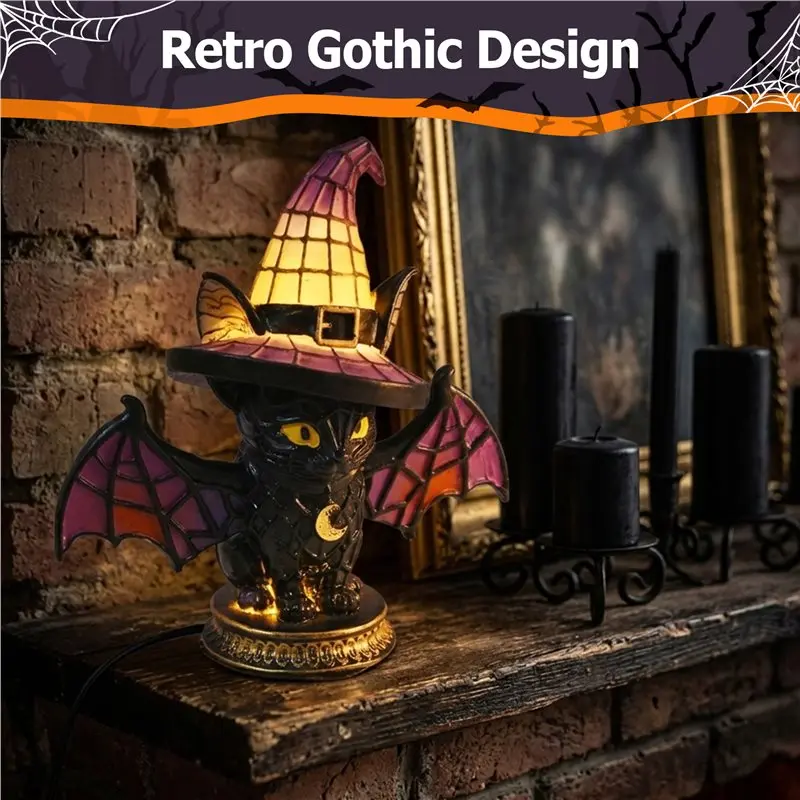 ABKP-Resin Witches Lamp Gothic Style Handcrafted Retro Colorful Cat Table Lamp Halloween Decorations Night Light Witch Hat