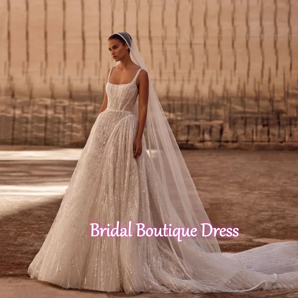 Sequined Beads Pearls Wedding Dress Graceful Strapless Bride Robe Luxury A-line Long Bridal Gown Customized Robe De Mariée