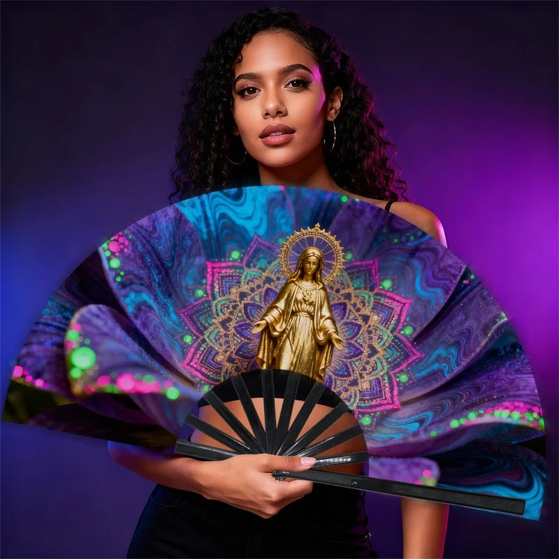 A Handheld Fan Featuring a Golden Statue Design, Made from Fiber, Showcasing an Artistic Floral Pattern. It'S Vibrant And Decorative, Perfect for Pride Festivals, Stage Performances, Weddings, Parties, Cosplay Events, Without Battery