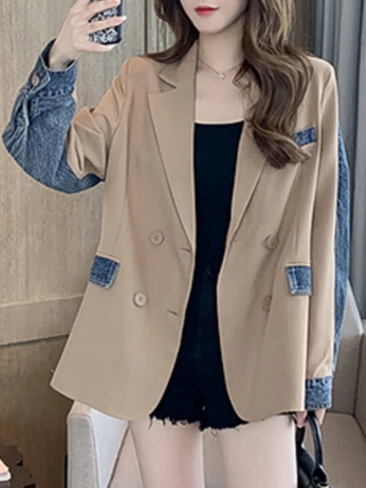 LANMREM Denim Patchwork Design Blazer Women Notched Collar Double Breasted Loose Coat Streetwear 2024 Spring New 2AA4022