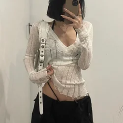 Deeptown Coquett Y2K Women's Knit Sweater Hollow Out Knitwear V Neck Pullovers Spring See Through Jumper Harajuku Fashion Grunge