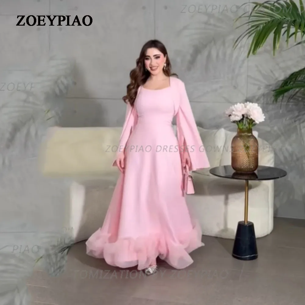 

Charming Princess Pink Short Strapless Stain Evening Dress Full Cape Sleeves Arabic Pleated Ankle Length Prom Gown Vestidos