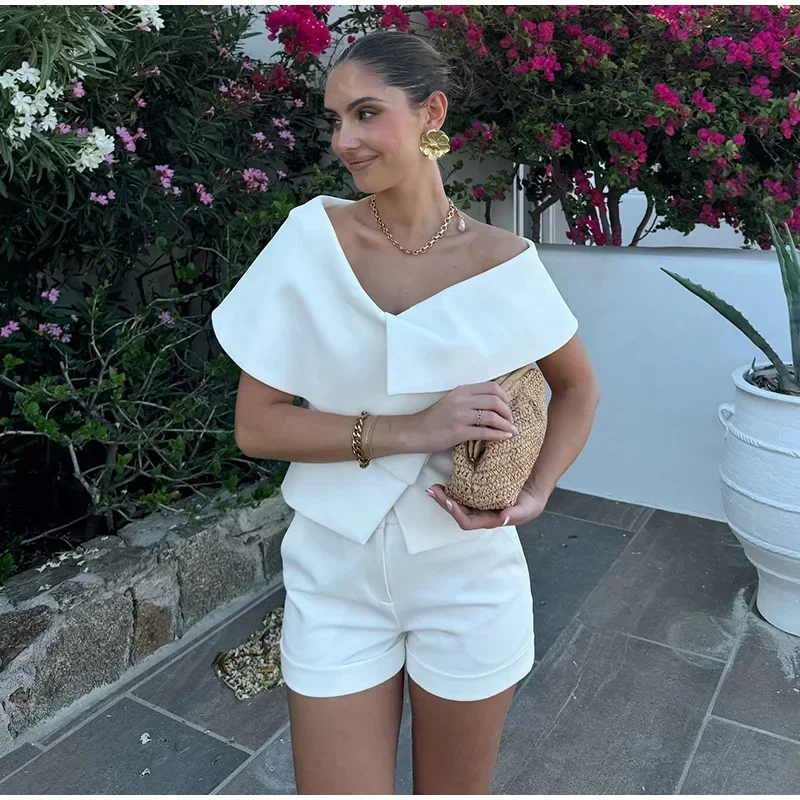 

Elegant Off Shoulder Waistcoat For Women Sleeveless V Neck Solid Female Crop Top 2024 Summer Fashion Formal Slim Ladies Outwear