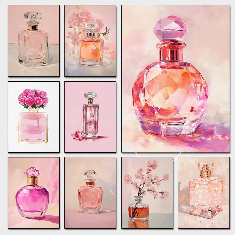 1pc Frameless Elegant Pink Perfume Bottle Posters Luxury Girly Apartment Fashion Prints Canvas Painting Wall Art Pictures Hom