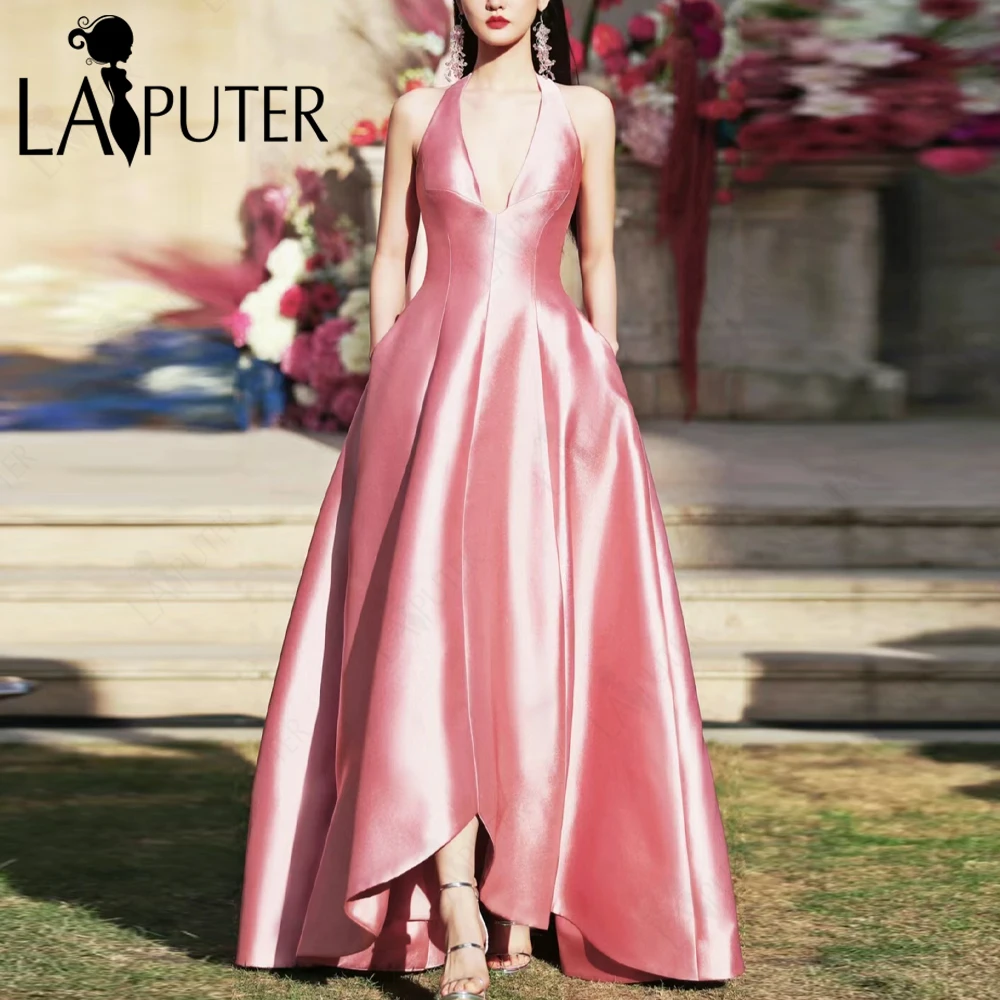 Unique Cut Pink Evening Dresses Simple Pink Satin A line Prom Gown Halter V neck Celebrity Dress Box Pleat New Design 2024