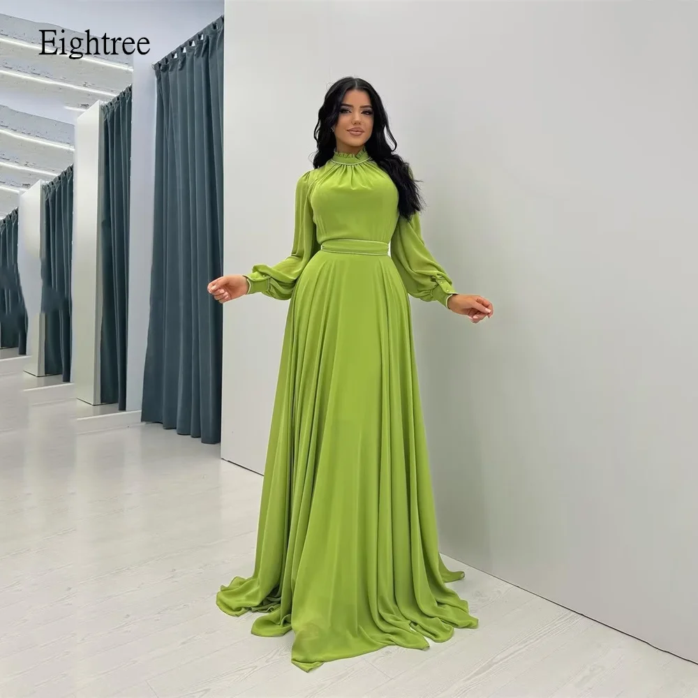 

Eightree Green A-line Prom Gowns Full Sleeve Formal Party Gown Floor Length Chiffon Evening Dress vestidos de fiesta Custom Made