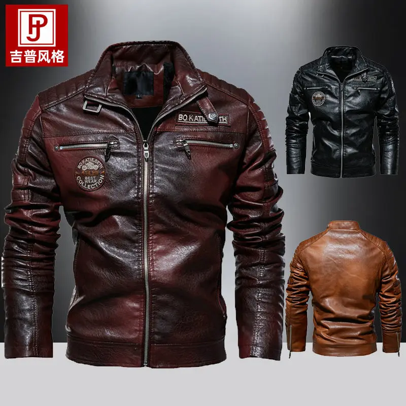 

Motorcycle suit with plush and thick standing collar leather jacket, personalized badge jacket, men's casual PU leather jacket