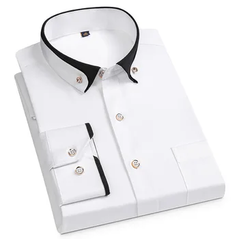 For Men's Business Dress Shirts Male Formal Button-Down Social Collar Camisa Social Elastic Anti-wrinkle Casual Men Shirt Pocket 5