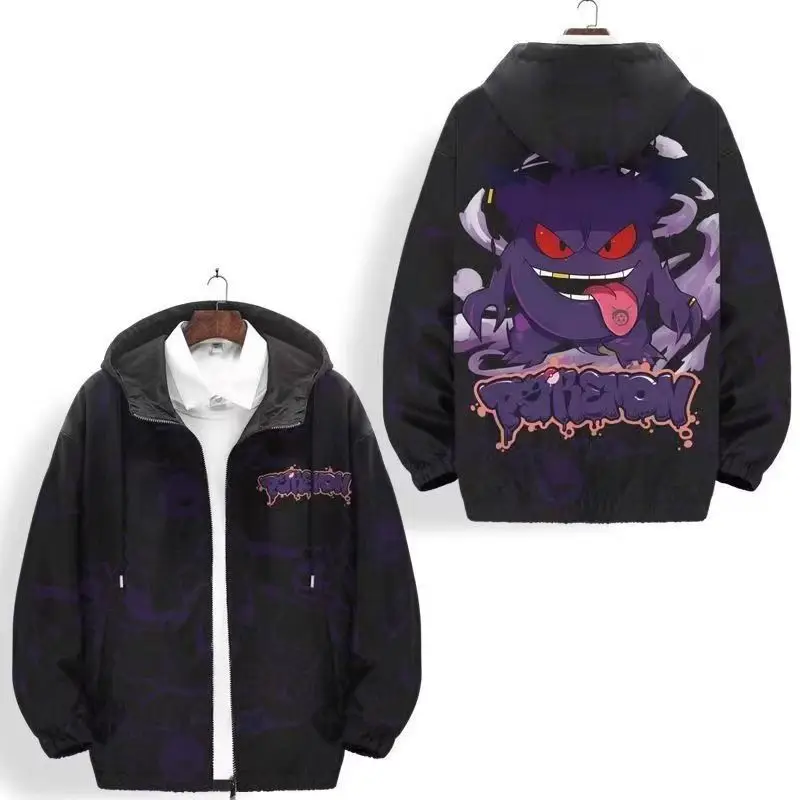 ポケモン-ゲンガー-軽量ウインドブレーカー-ジャケット、ユニセックス-アニメプリント-フード付きジップアップコート、通気性のあるカジュアルアウター-春秋