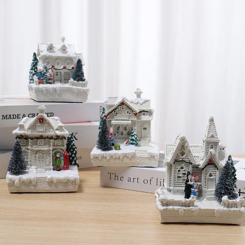 LED Warm Light White Snow House Resin Statue, Luminous Christmas Snow House, Home Decoration Ornaments, American Style