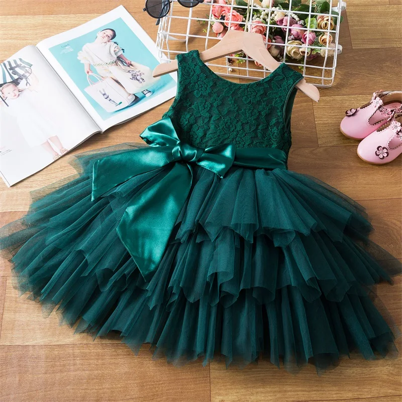 2-6 Years Flower Baby Girl Dress Sleeveless Lace Tutu Birthday Dress V-Backless Dress Christmas Green Gala Party Tulle Dress