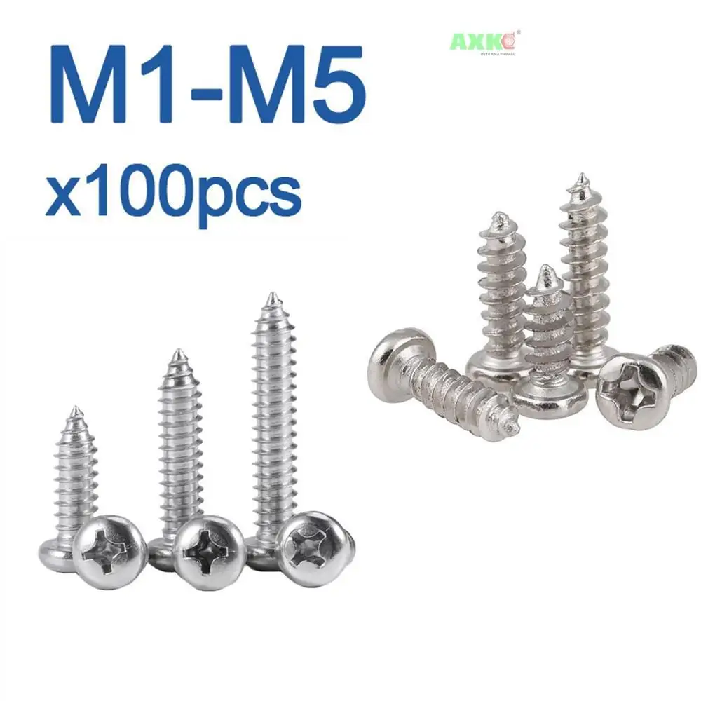 100pcs/Lot Nickel-Plated Carbon Steel Cross Recessed Round Head  Self-Tapping Screw M1 M1.2 M1.4 M1.7 M2 M3 M4 M5