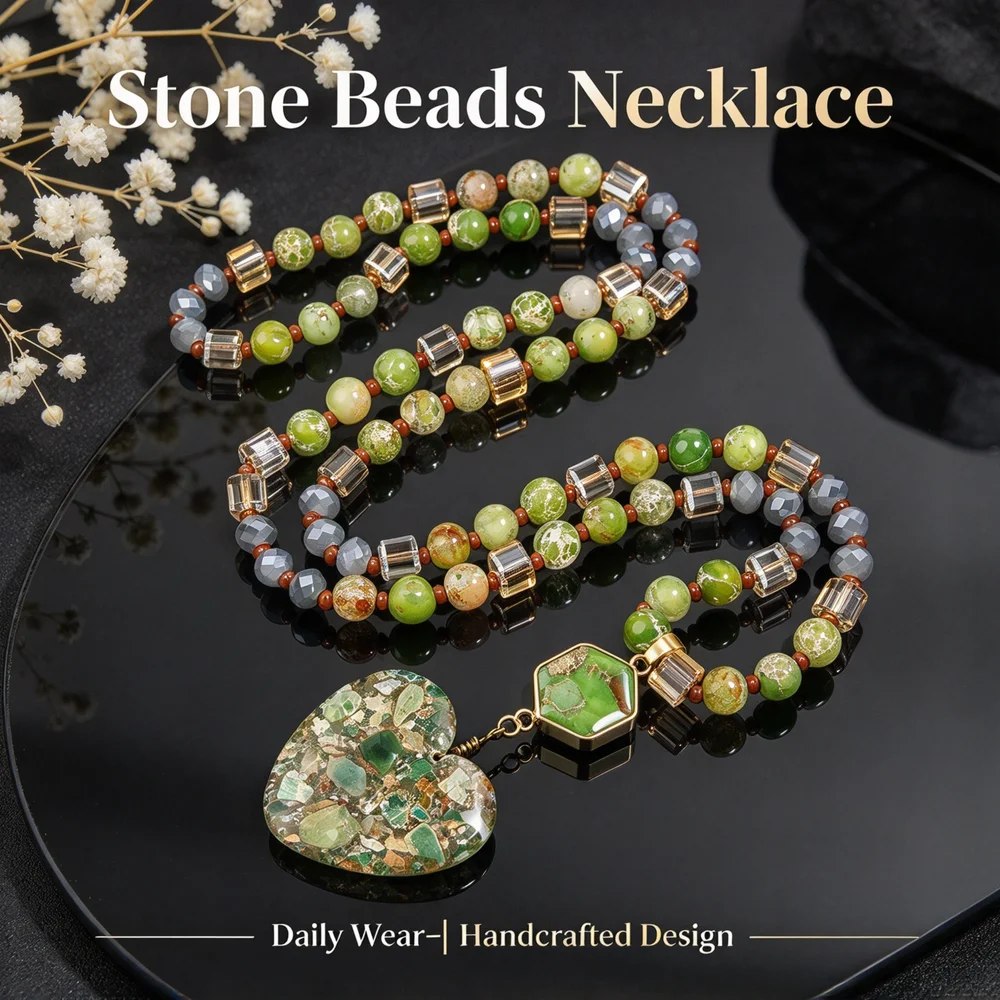 Handmade Composite Stone Beaded Necklace For Women Heart Pendant Bohemian Style Daily Wear Statement Neck Jewelry