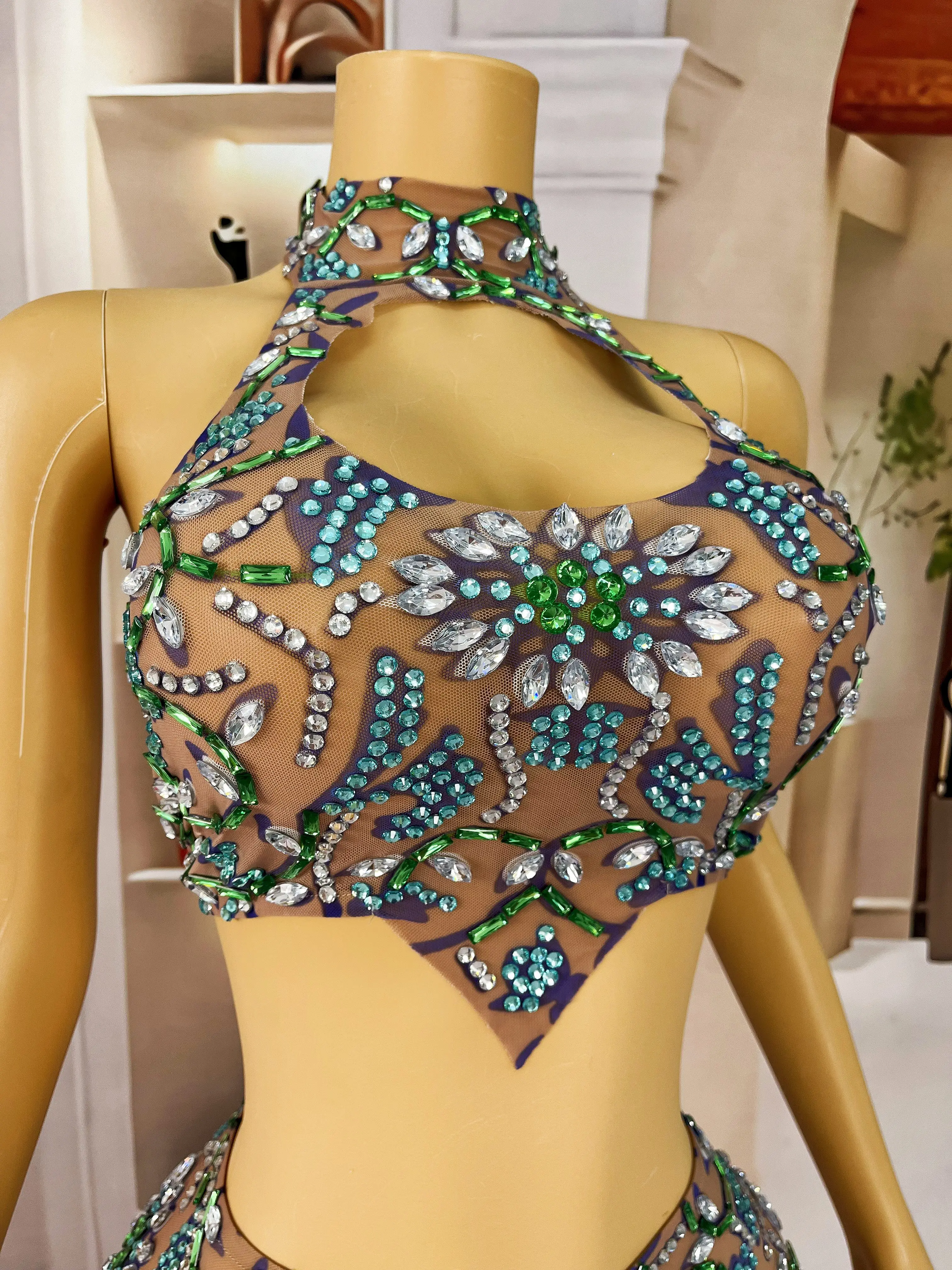 New Colorful Rhinestones Birthday Celebrate Sleeveless Top Skirt Summer Sexy Cosplay Outfit Party Singer Stretch Costume huacong