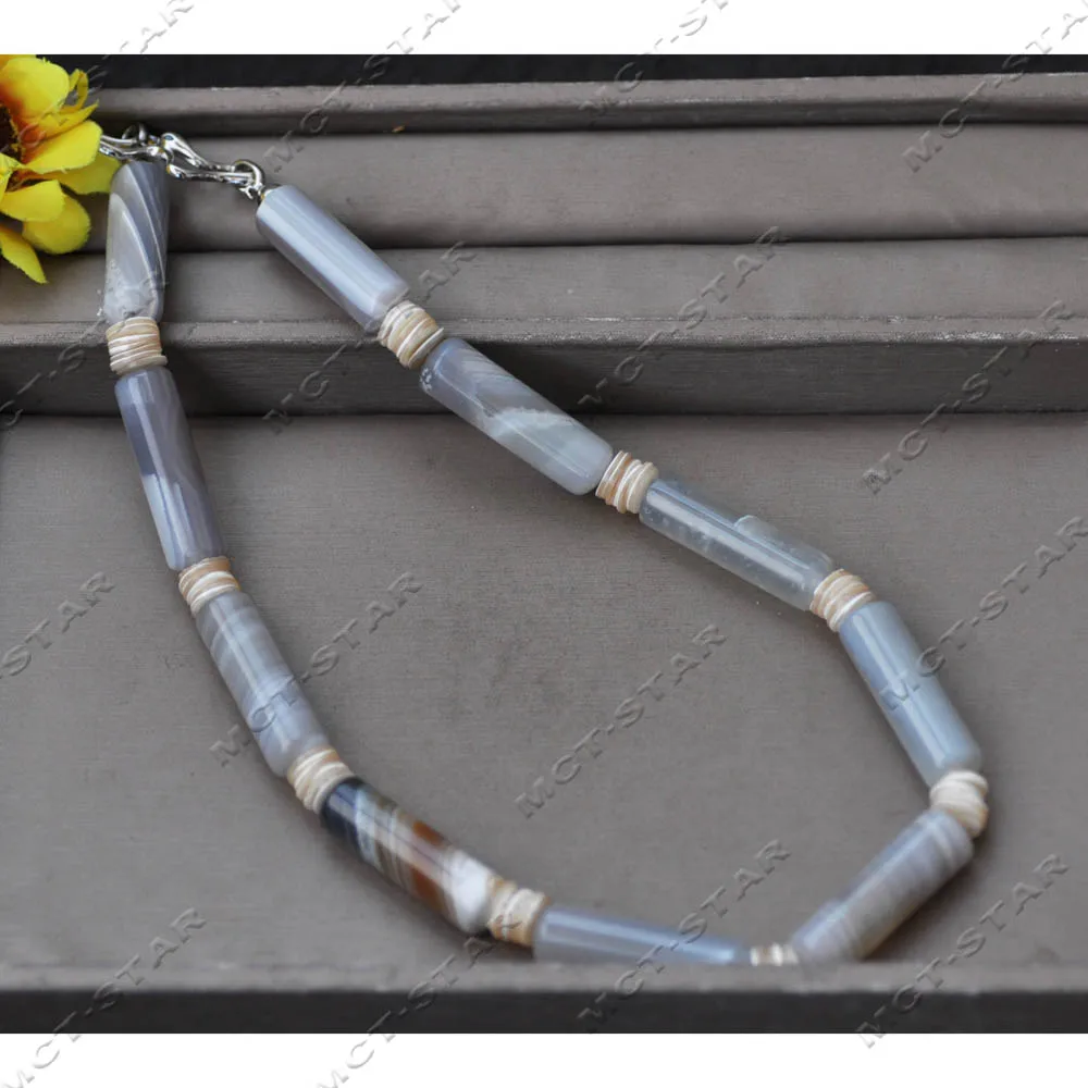 MTC·STAR Natural 21'' 40mm Cylindrical Striped Agate Shell Chip Coin Necklace (Z14595)