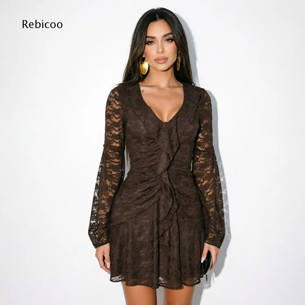 Ladies Lace Short Dress V Neck Front Ruffle Detail Flare Long Sleeve Ruched Waist For Banquet Events And Night Time Wear