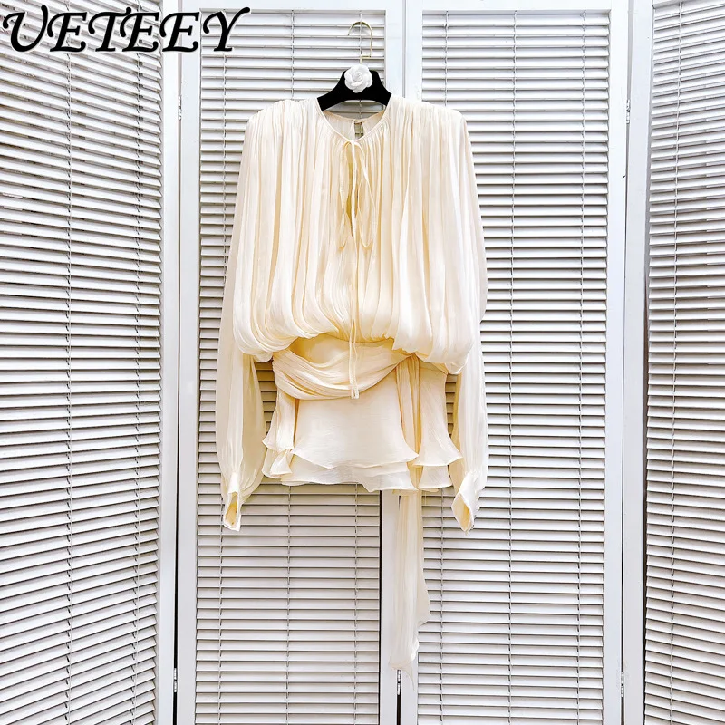 

Spring Autumn Solid Color Pleated Loose High Waist Backless Dress Fashion Round Neck Lace-up Streamer Long-sleeved Dresses