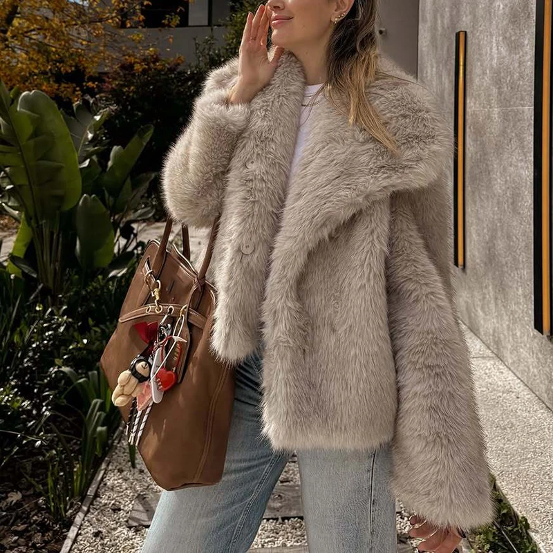 Giacca da pendolare da donna calda con risvolto elegante Capispalla quotidiano in puro colore casual Autunno Inverno Manica lunga Spessore Elegante cappotto peloso