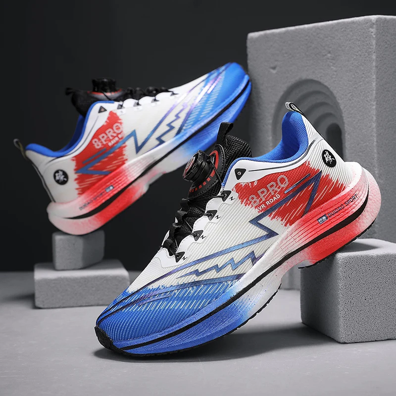 

Мужская спортивная обувь, летние дышащие плотные амортизирующие кроссовки с вращающейся пряжкой для пар, кроссовки для марафона, тренировочная обувь для подростков