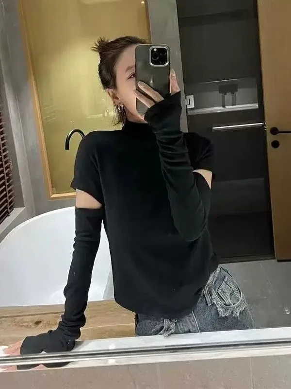 Slim Fit Hollow out Long Sleeve T-Shirt Women's Autumn Winter Fashion Commute Style Half High Collar Design Sensation Base Shirt