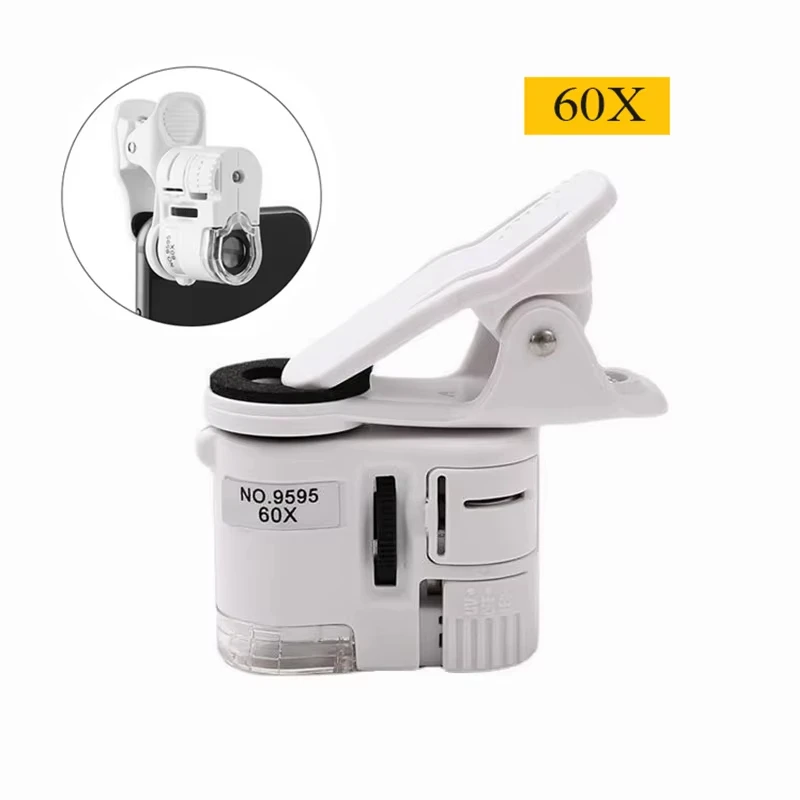 60X Universal Clip Pocket Microscope with LED Light UV Magnifying Glass and Adjustable Focus for Cell Phone Jewelry