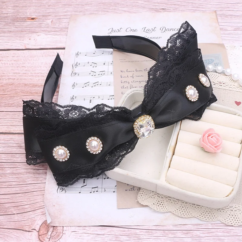 

Handmade Japanese Lolita Mass-produced Lace Rhinestone Love Pendant Big Bow Headgear Headband Hair Accessories Women