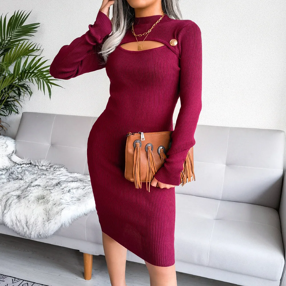 

2023 Autumn Women Hollow Knitted Pencil Dress Fashion Winter Sweater Vestido Streetwear Elastic Bodycon Sheath Solid Dresses